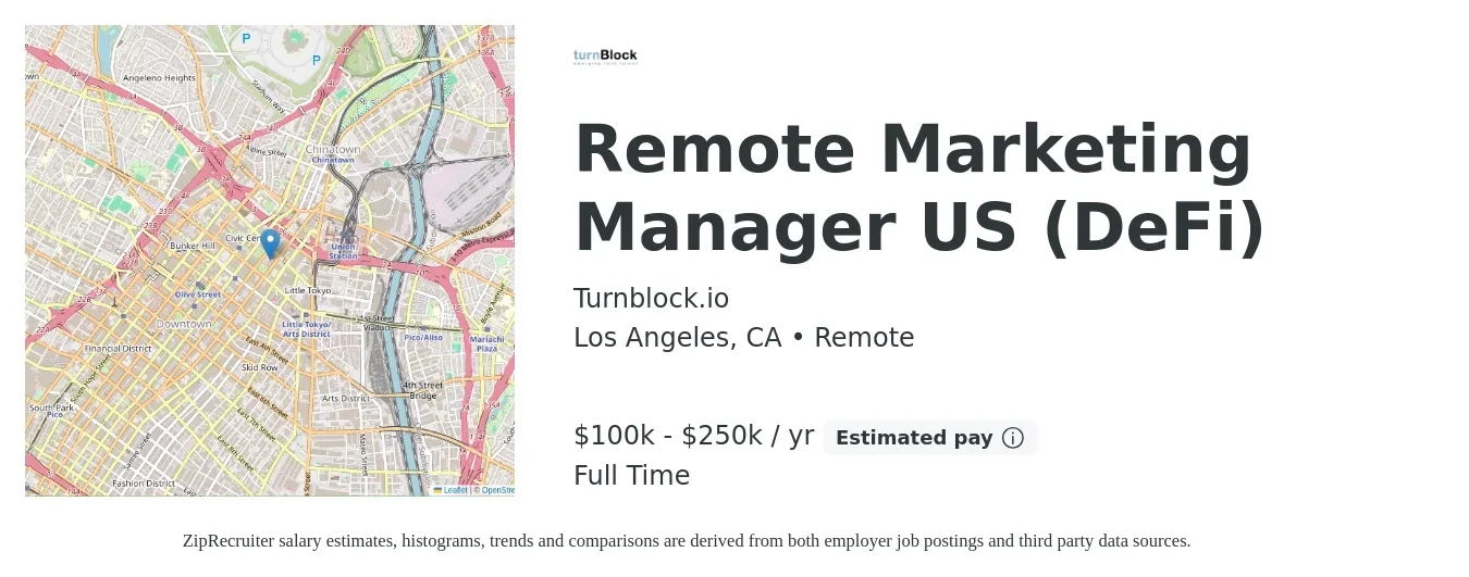 Turnblock.io job posting for a Remote Marketing Manager US (DeFi) in Los Angeles, CA with a salary of $100,000 to $250,000 Yearly with a map of Los Angeles location.