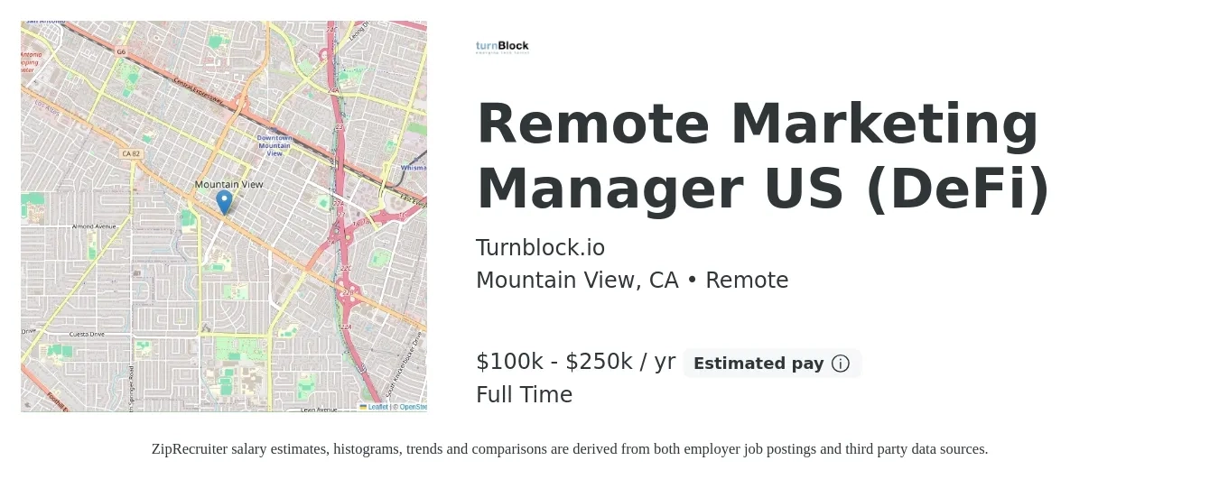 Turnblock.io job posting for a Remote Marketing Manager US (DeFi) in Mountain View, CA with a salary of $100,000 to $250,000 Yearly with a map of Mountain View location.