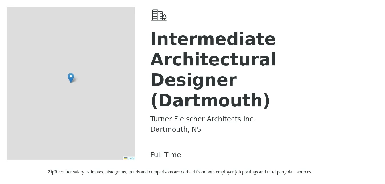 Turner Fleischer Architects Inc. job posting for a Intermediate Architectural Designer (Dartmouth) in Dartmouth, NS with a map of Dartmouth location.