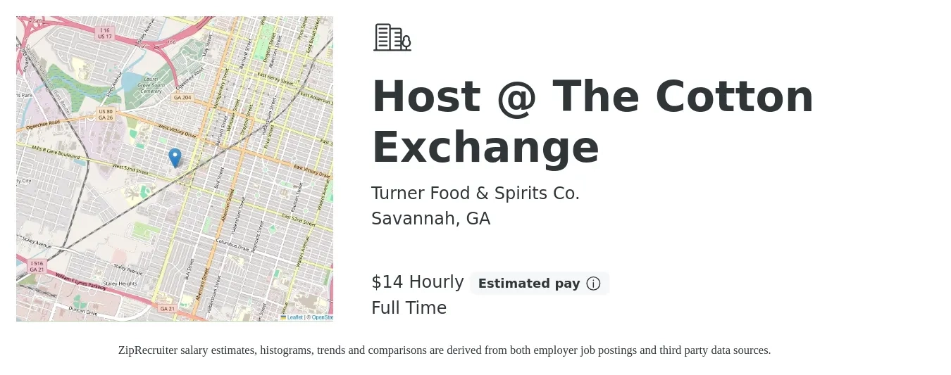 Turner Food & Spirits Co. job posting for a Host @ The Cotton Exchange in Savannah, GA with a salary of $15 Hourly with a map of Savannah location.