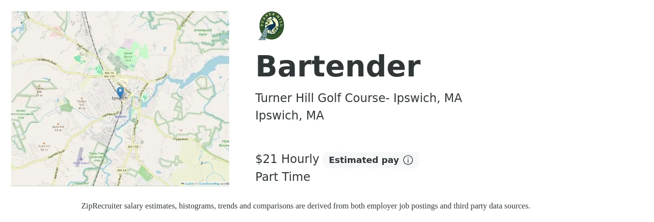 Turner Hill Golf Course- Ipswich, MA job posting for a Bartender in Ipswich, MA with a salary of $22 Hourly with a map of Ipswich location.