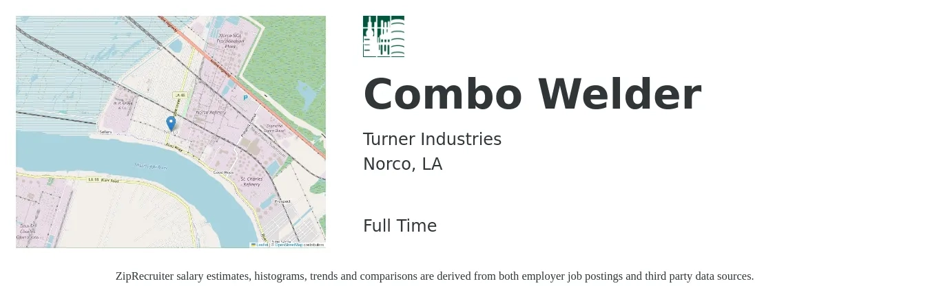 Turner Industries job posting for a Combo Welder in Norco, LA with a salary of $26 to $35 Hourly with a map of Norco location.
