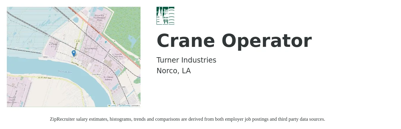 Turner Industries job posting for a Crane Operator in Norco, LA with a salary of $23 to $36 Hourly with a map of Norco location.