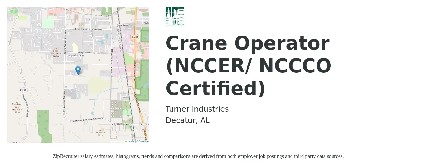 Turner Industries job posting for a Crane Operator (NCCER/ NCCCO Certified) in Decatur, AL with a salary of $20 to $31 Hourly with a map of Decatur location.