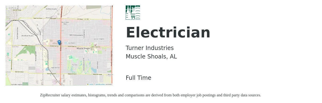 Turner Industries job posting for a Electrician in Muscle Shoals, AL with a salary of $26 to $38 Hourly with a map of Muscle Shoals location.