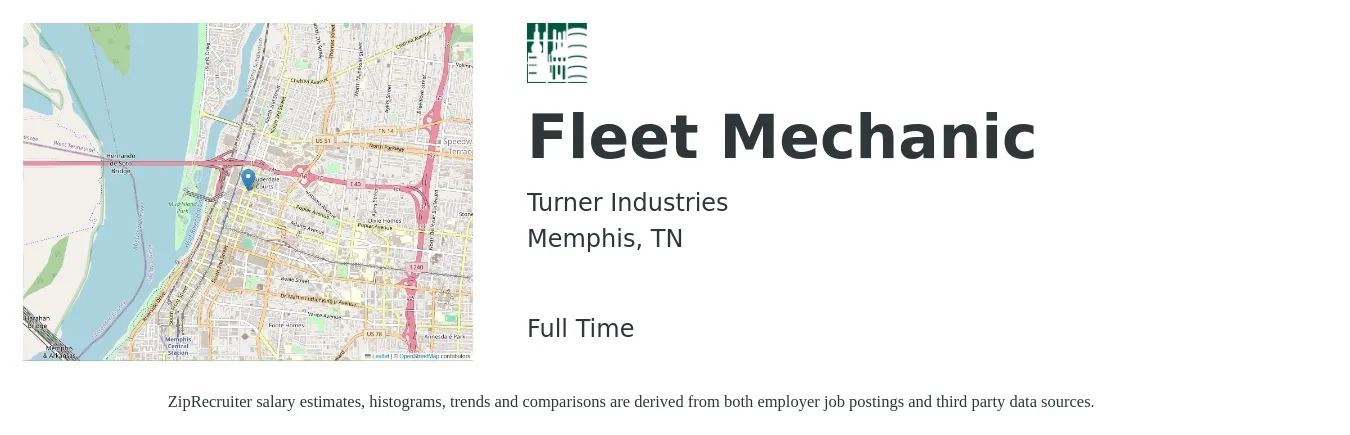 Turner Industries job posting for a Fleet Mechanic in Memphis, TN with a salary of $20 to $26 Hourly with a map of Memphis location.