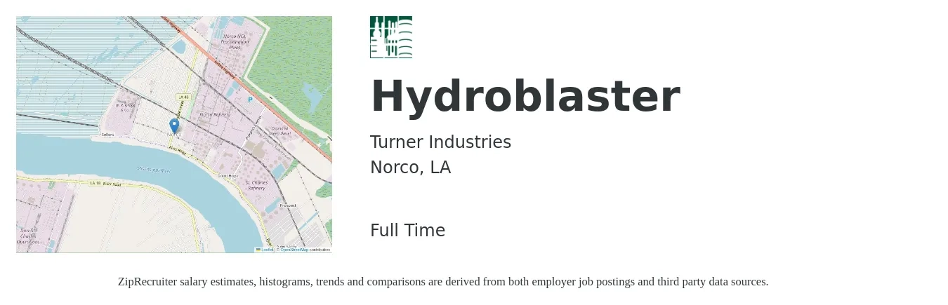 Turner Industries job posting for a Hydroblaster in Norco, LA with a salary of $18 to $23 Hourly with a map of Norco location.