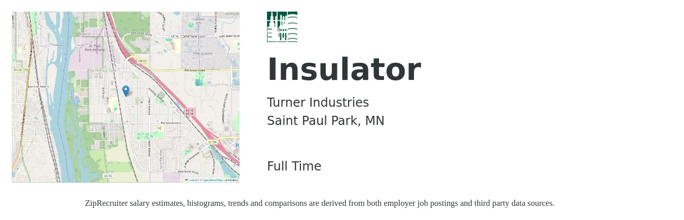 Turner Industries job posting for a Insulator in Saint Paul Park, MN with a salary of $22 to $28 Hourly with a map of Saint Paul Park location.