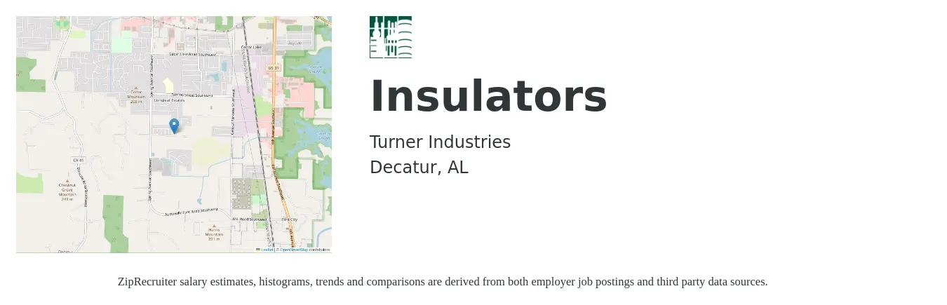 Turner Industries job posting for a Insulators in Decatur, AL with a salary of $19 to $24 Hourly with a map of Decatur location.