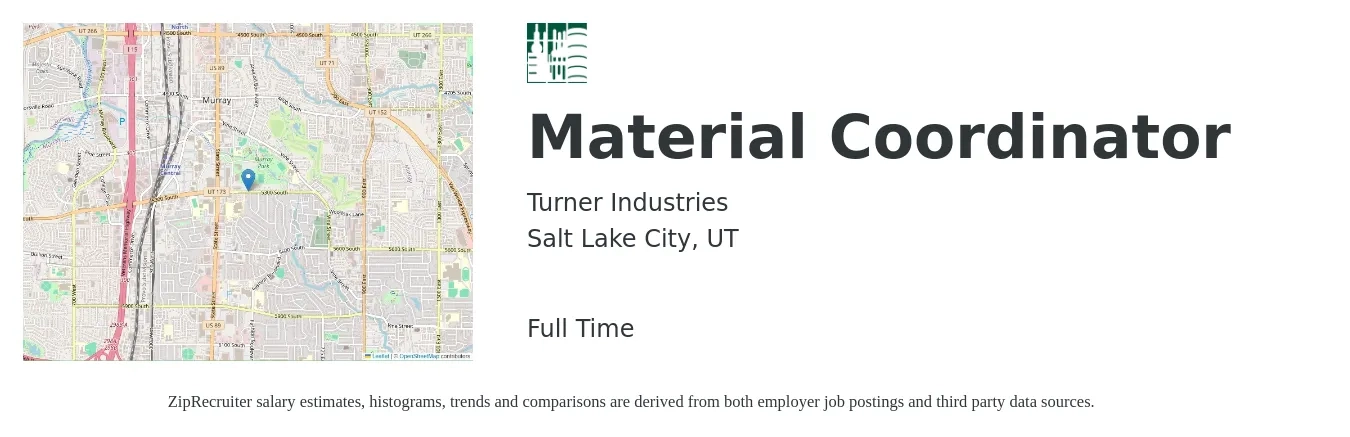 Turner Industries job posting for a Material Coordinator in Salt Lake City, UT with a salary of $20 to $28 Hourly with a map of Salt Lake City location.