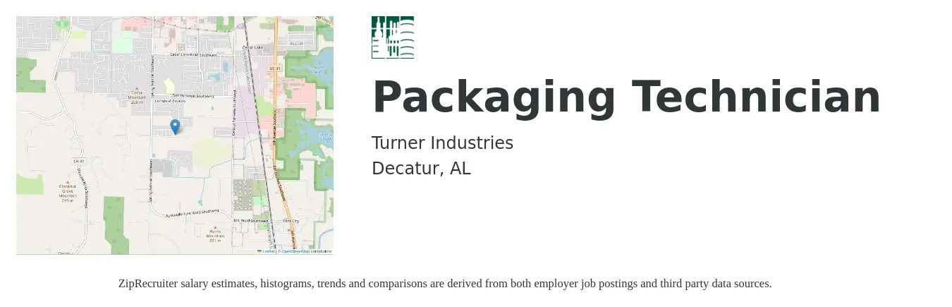 Turner Industries job posting for a Packaging Technician in Decatur, AL with a salary of $15 to $18 Hourly with a map of Decatur location.