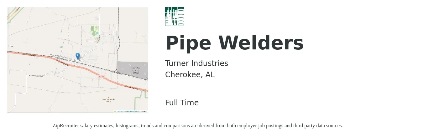 Turner Industries job posting for a Pipe Welders in Cherokee, AL with a salary of $23 to $28 Hourly with a map of Cherokee location.