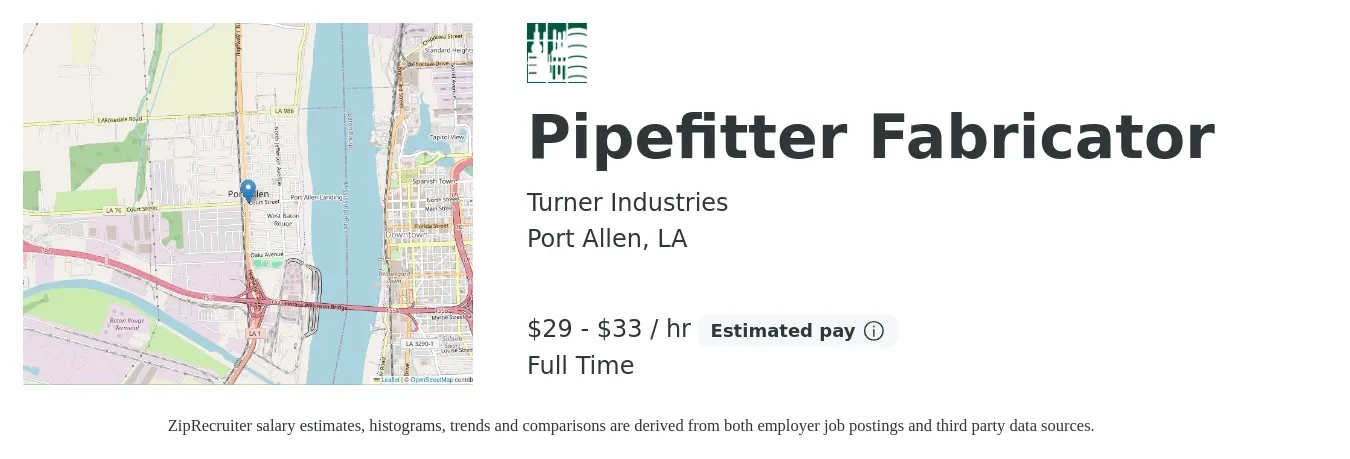 Turner Industries job posting for a Pipefitter Fabricator in Port Allen, LA with a salary of $31 to $35 Hourly with a map of Port Allen location.