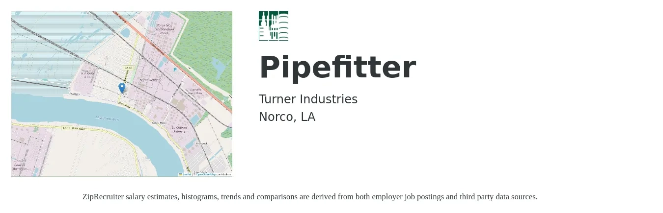Turner Industries job posting for a Pipefitter in Norco, LA with a salary of $26 to $33 Hourly with a map of Norco location.