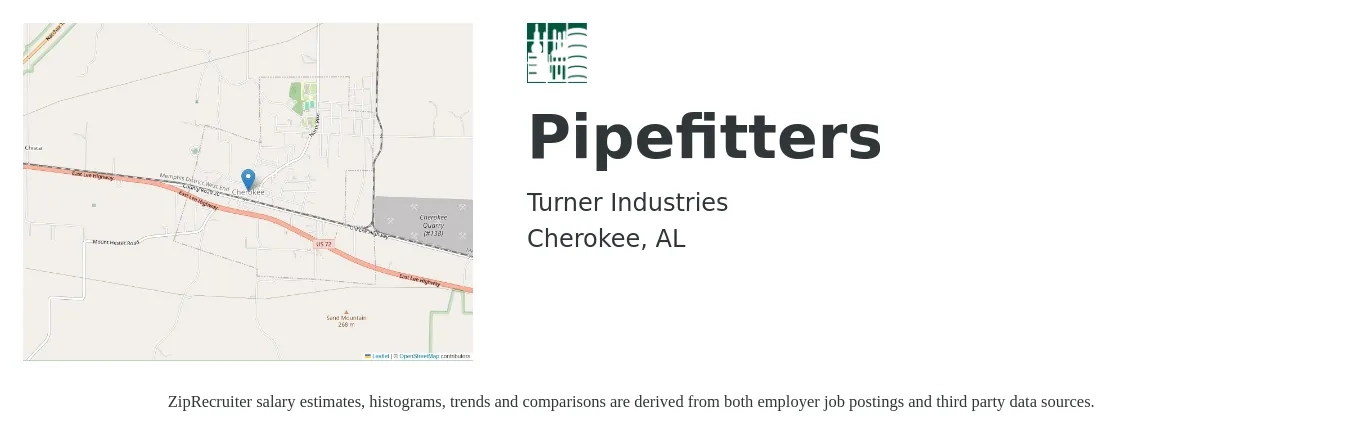 Turner Industries job posting for a Pipefitters in Cherokee, AL with a salary of $22 to $29 Hourly with a map of Cherokee location.