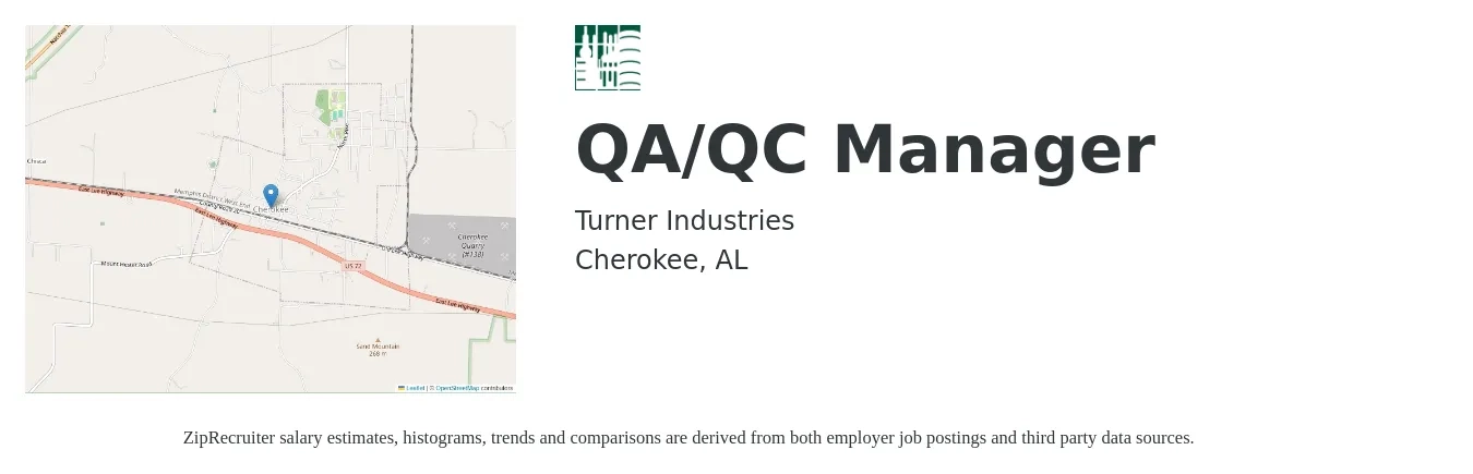 Turner Industries job posting for a QA/QC Manager in Cherokee, AL with a salary of $54,000 to $89,300 Yearly with a map of Cherokee location.