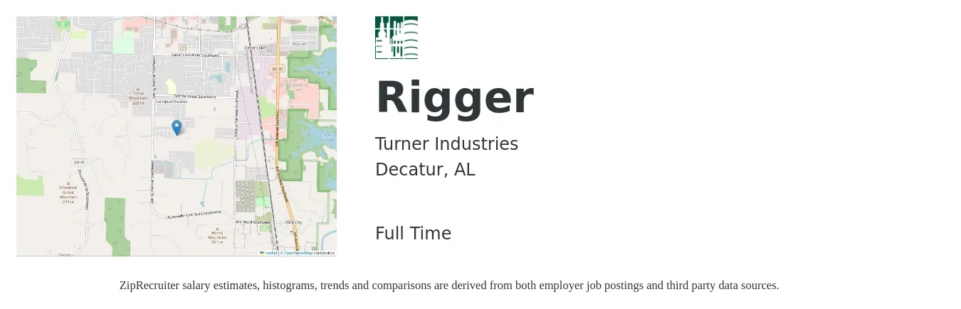 Turner Industries job posting for a Rigger in Decatur, AL with a salary of $22 to $28 Hourly with a map of Decatur location.