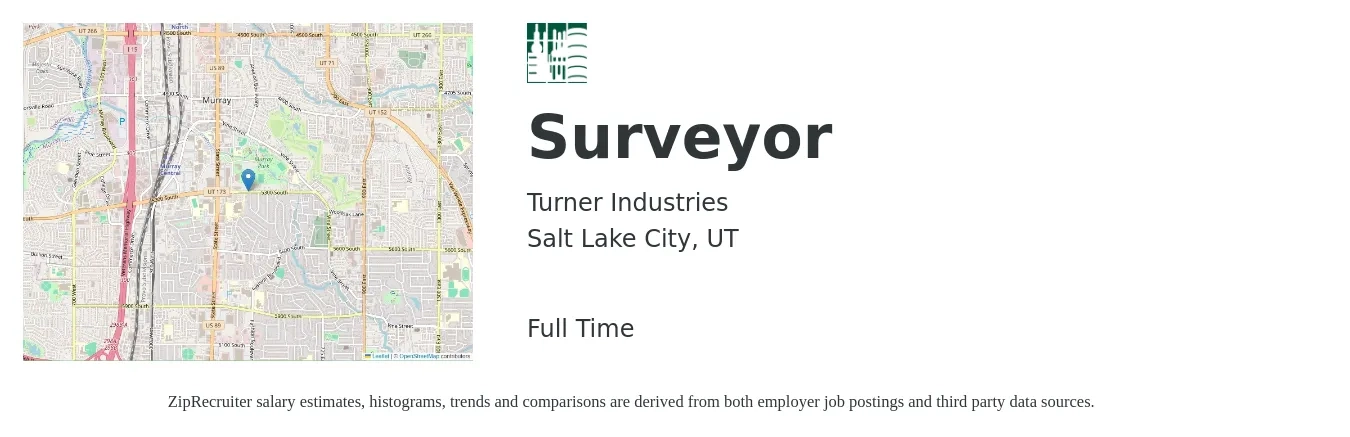 Turner Industries job posting for a Surveyor in Salt Lake City, UT with a salary of $51,700 to $90,200 Yearly with a map of Salt Lake City location.