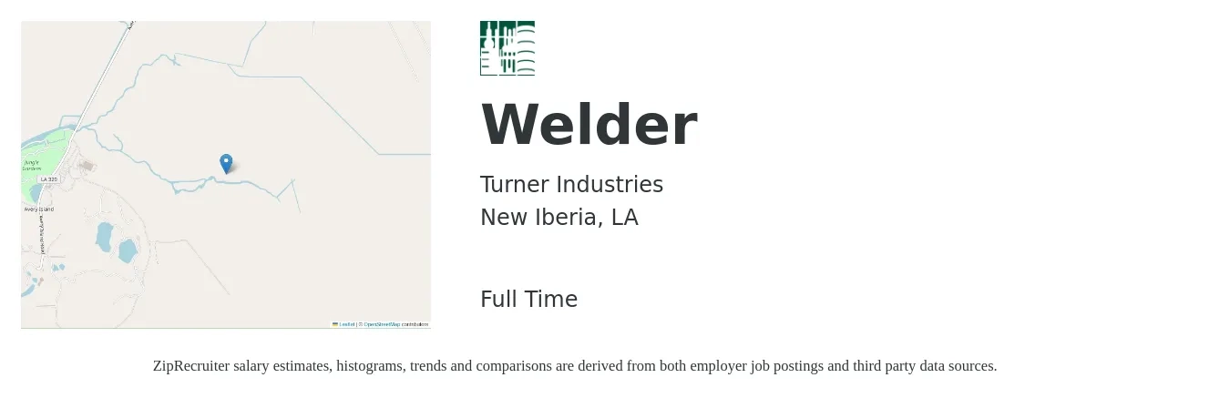 Turner Industries job posting for a Welder in New Iberia, LA with a salary of $20 to $25 Hourly with a map of New Iberia location.