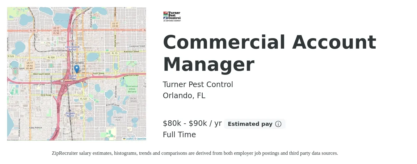 Turner Pest Control job posting for a Commercial Account Manager in Orlando, FL with a salary of $80,000 to $90,000 Yearly with a map of Orlando location.