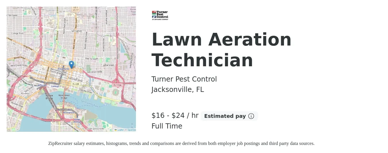 Turner Pest Control job posting for a Lawn Aeration Technician in Jacksonville, FL with a salary of $17 to $25 Hourly with a map of Jacksonville location.
