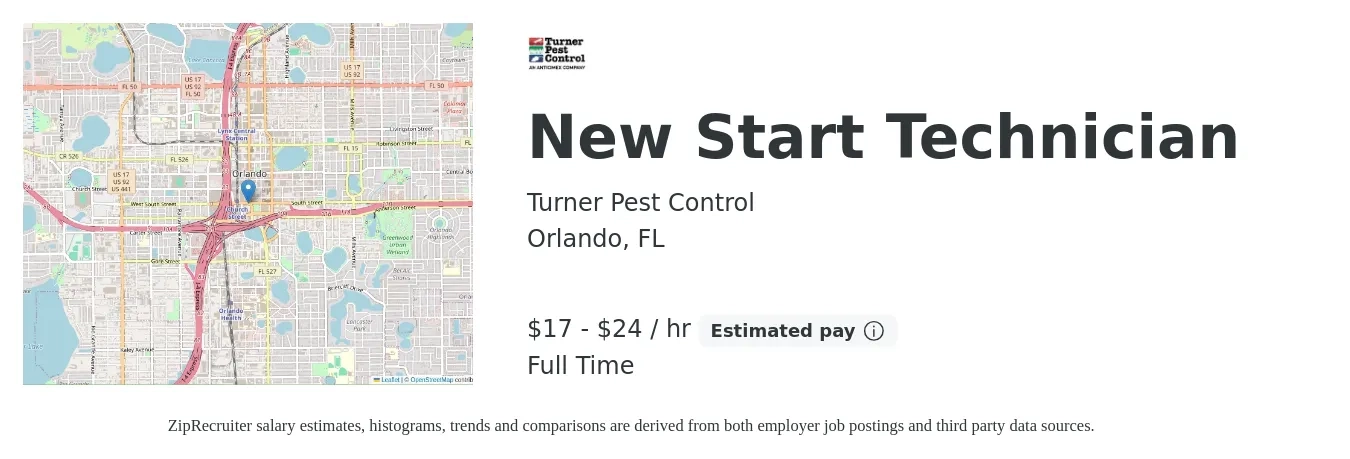 Turner Pest Control job posting for a New Start Technician in Orlando, FL with a salary of $18 to $25 Hourly with a map of Orlando location.