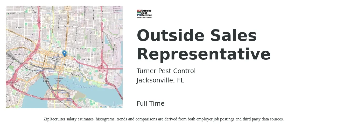 Turner Pest Control job posting for a Outside Sales Representative in Jacksonville, FL with a salary of $6,000 to $10,000 Monthly with a map of Jacksonville location.
