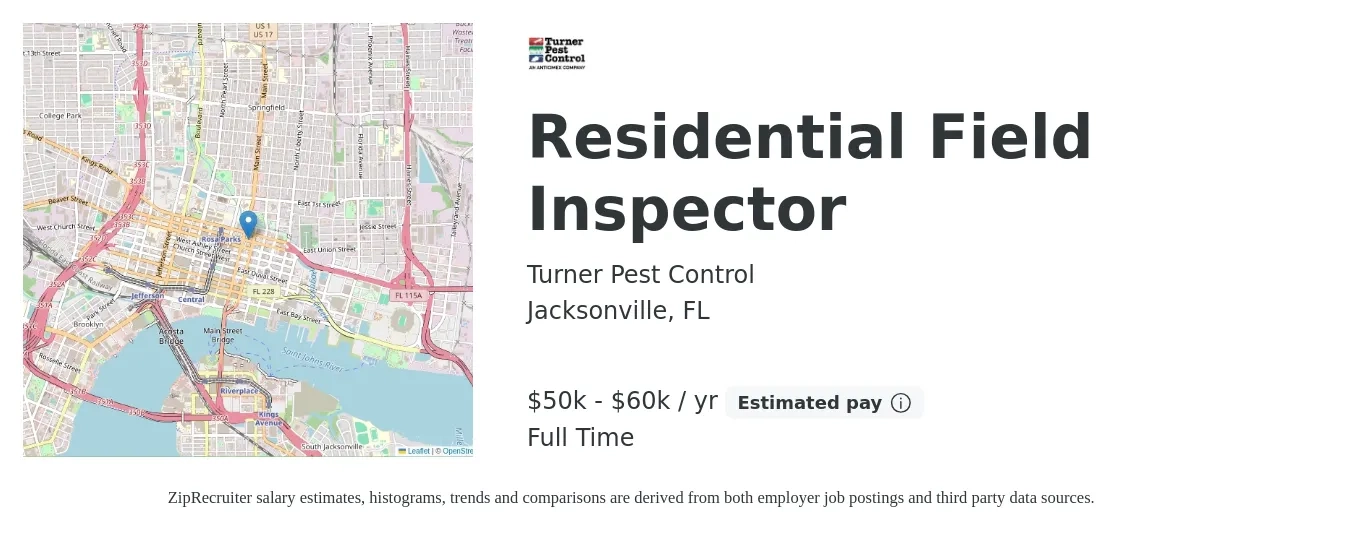 Turner Pest Control job posting for a Residential Field Inspector in Jacksonville, FL with a salary of $50,000 to $60,000 Yearly with a map of Jacksonville location.