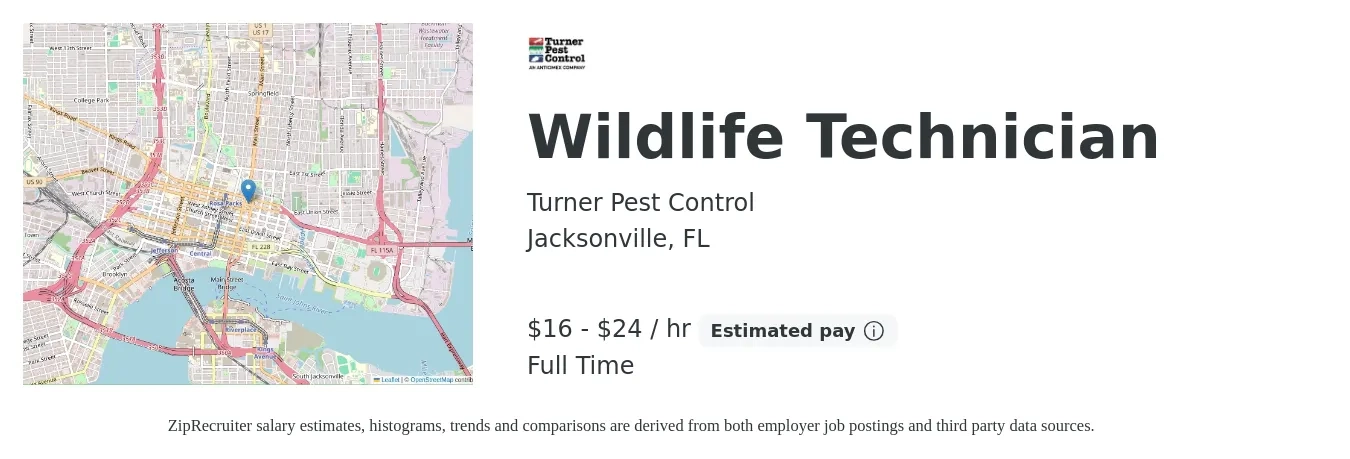 Turner Pest Control job posting for a Wildlife Technician in Jacksonville, FL with a salary of $17 to $25 Hourly with a map of Jacksonville location.