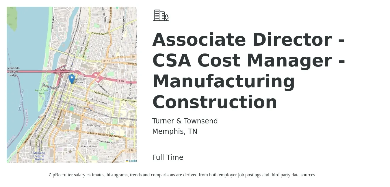 Turner & Townsend job posting for a Associate Director - CSA Cost Manager - Manufacturing Construction in Memphis, TN with a salary of $88,900 to $118,000 Yearly with a map of Memphis location.