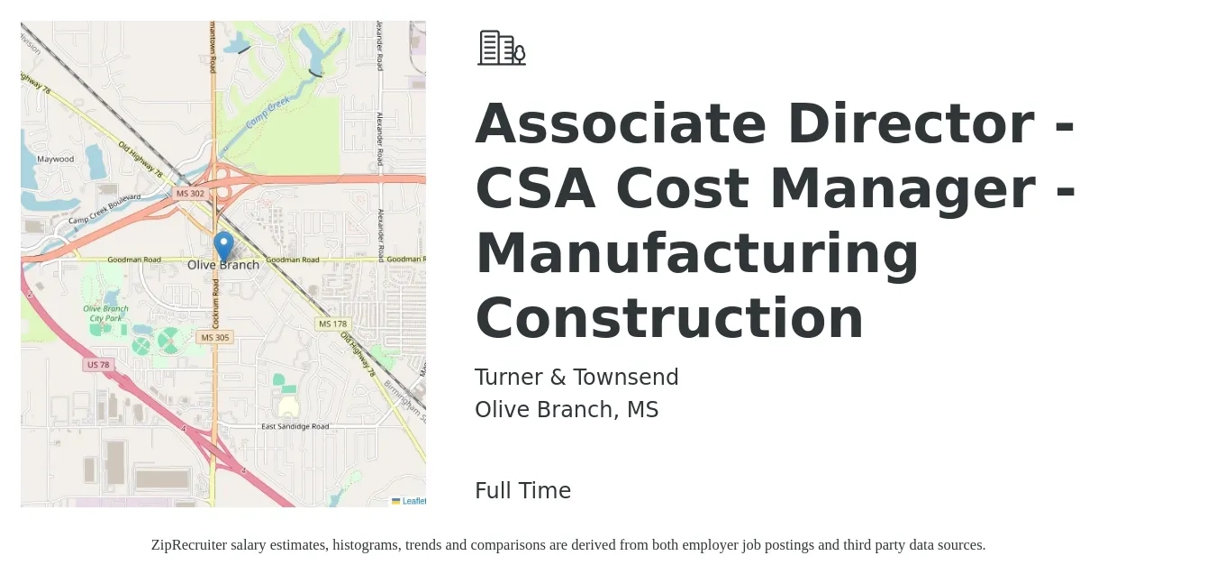 Turner & Townsend job posting for a Associate Director - CSA Cost Manager - Manufacturing Construction in Olive Branch, MS with a salary of $82,100 to $109,000 Yearly with a map of Olive Branch location.