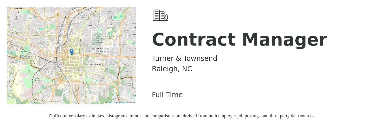 Turner & Townsend job posting for a Contract Manager in Raleigh, NC with a salary of $86,500 to $115,700 Yearly with a map of Raleigh location.