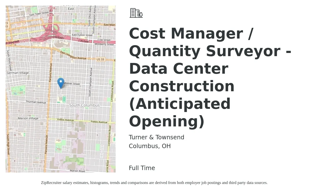 Turner & Townsend job posting for a Cost Manager / Quantity Surveyor - Data Center Construction (Anticipated Opening) in Columbus, OH with a salary of $66,600 to $113,000 Yearly with a map of Columbus location.