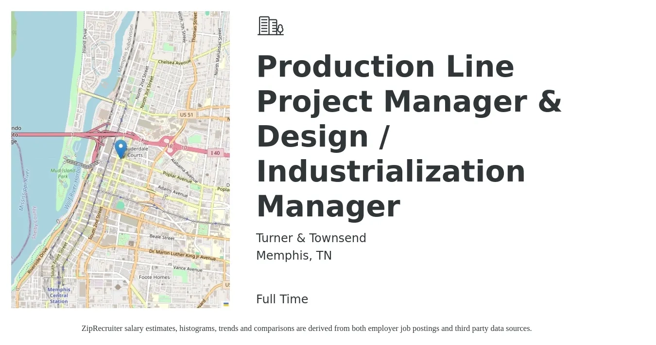 Turner & Townsend job posting for a Production Line Project Manager & Design / Industrialization Manager in Memphis, TN with a salary of $87,900 to $119,000 Yearly with a map of Memphis location.