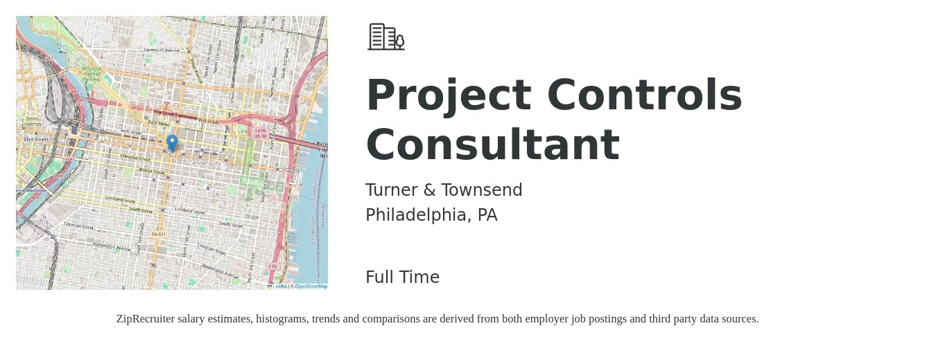 Turner & Townsend job posting for a Project Controls Consultant in Philadelphia, PA with a salary of $38 to $54 Hourly with a map of Philadelphia location.