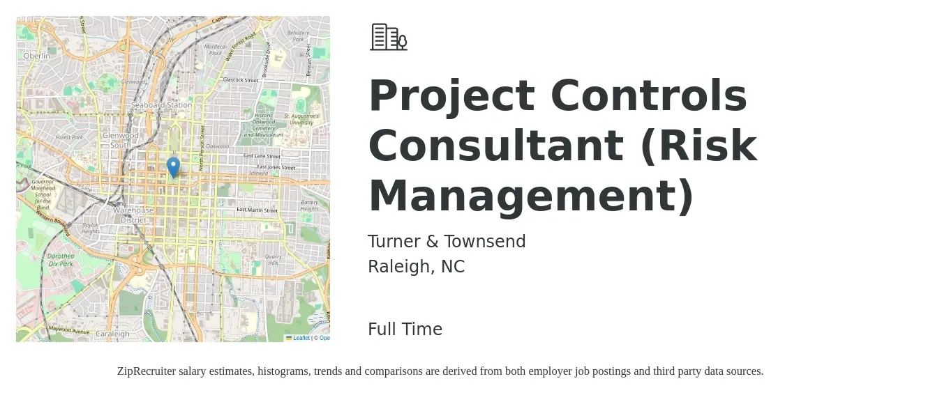 Turner & Townsend job posting for a Project Controls Consultant (Risk Management) in Raleigh, NC with a salary of $36 to $52 Hourly with a map of Raleigh location.