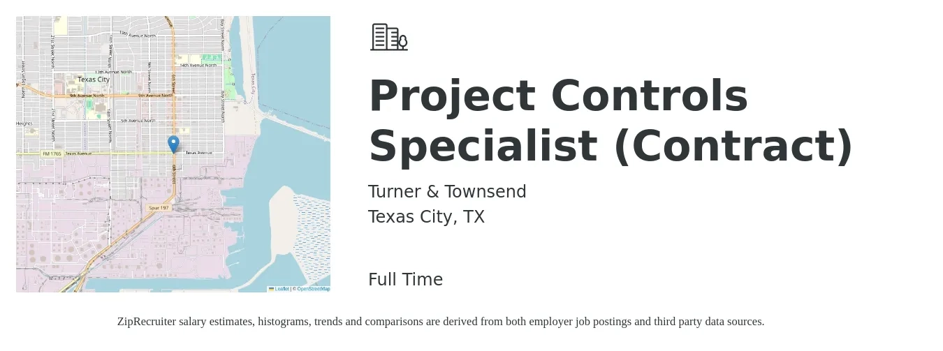 Turner & Townsend job posting for a Project Controls Specialist (Contract) in Texas City, TX with a salary of $32 to $45 Hourly with a map of Texas City location.