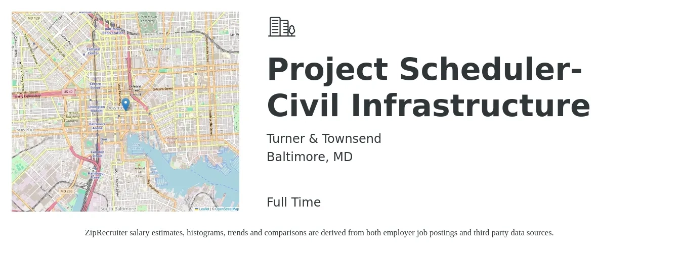 Turner & Townsend job posting for a Project Scheduler- Civil Infrastructure in Baltimore, MD with a salary of $96,900 to $142,100 Yearly with a map of Baltimore location.