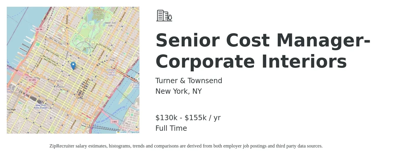Turner & Townsend job posting for a Senior Cost Manager- Corporate Interiors in New York, NY with a salary of $130,000 to $155,000 Yearly with a map of New York location.