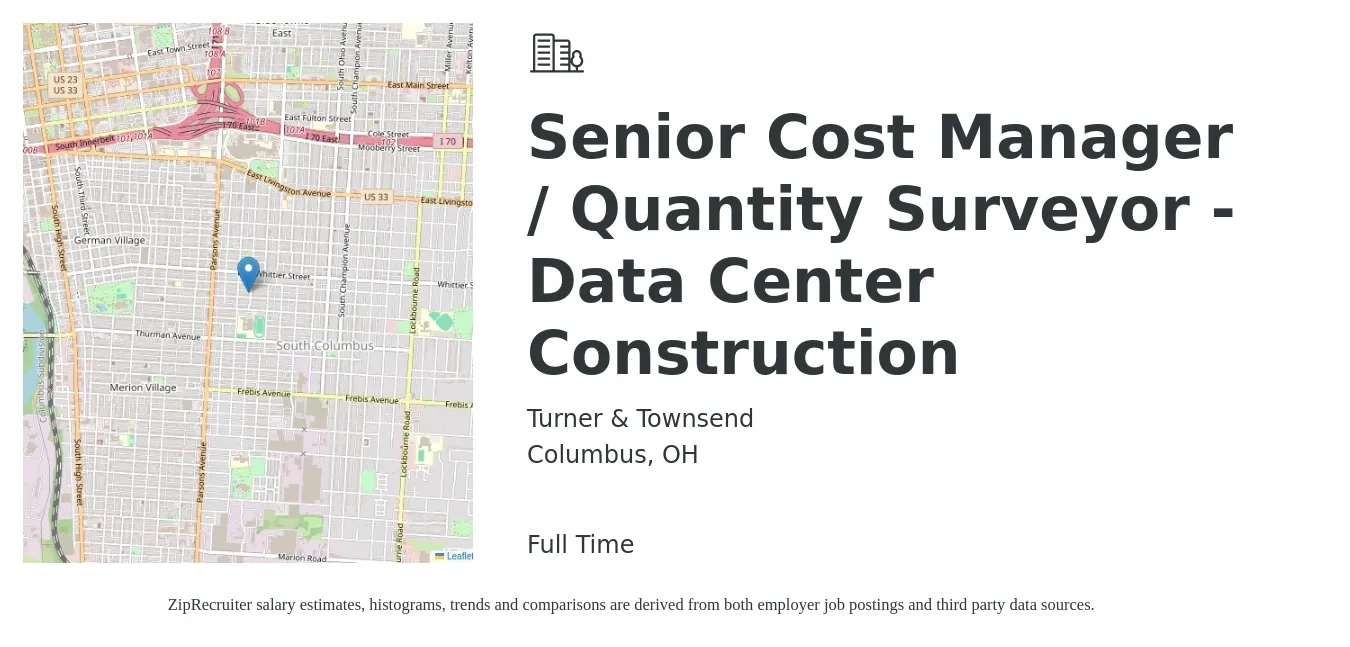 Turner & Townsend job posting for a Senior Cost Manager / Quantity Surveyor - Data Center Construction in Columbus, OH with a salary of $95,100 to $122,700 Yearly with a map of Columbus location.