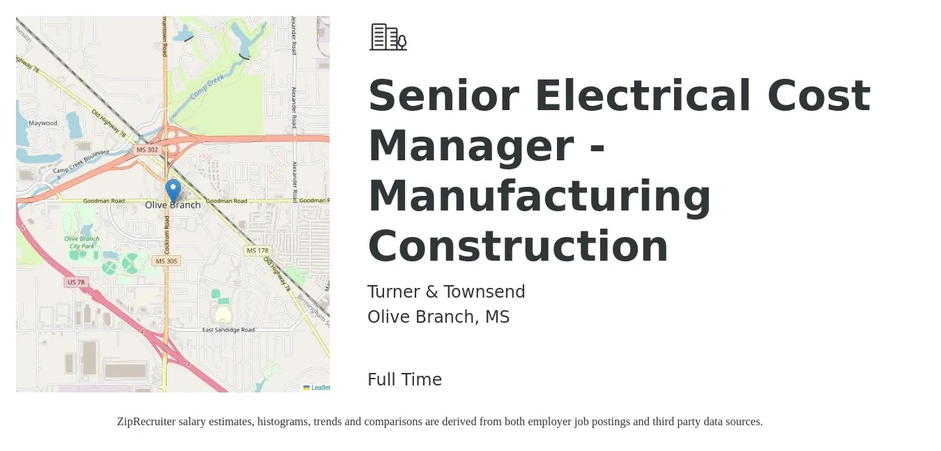 Turner & Townsend job posting for a Senior Electrical Cost Manager - Manufacturing Construction in Olive Branch, MS with a salary of $87,900 to $135,000 Yearly with a map of Olive Branch location.