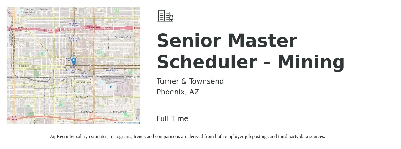 Turner & Townsend job posting for a Senior Master Scheduler - Mining in Phoenix, AZ with a map of Phoenix location.