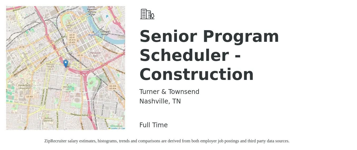 Turner & Townsend job posting for a Senior Program Scheduler - Construction in Nashville, TN with a salary of $61,300 to $135,200 Yearly with a map of Nashville location.