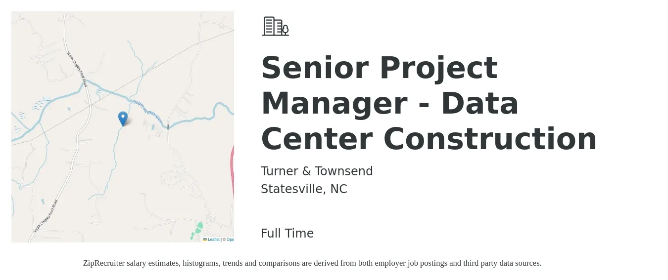 Turner & Townsend job posting for a Senior Project Manager - Data Center Construction in Statesville, NC with a salary of $105,100 to $142,800 Yearly with a map of Statesville location.