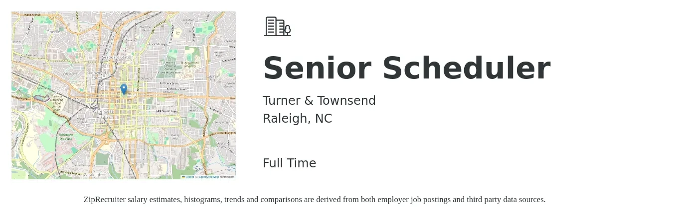 Turner & Townsend job posting for a Senior Scheduler in Raleigh, NC with a salary of $61,700 to $136,100 Yearly with a map of Raleigh location.