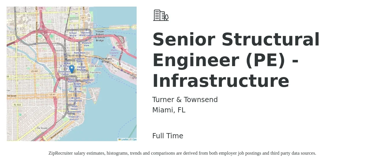 Turner & Townsend job posting for a Senior Structural Engineer (PE) - Infrastructure in Miami, FL with a salary of $96,100 to $130,600 Yearly with a map of Miami location.