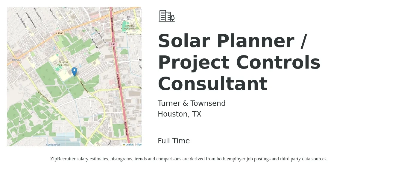 Turner & Townsend job posting for a Solar Planner / Project Controls Consultant in Houston, TX with a salary of $64,900 to $96,900 Yearly with a map of Houston location.