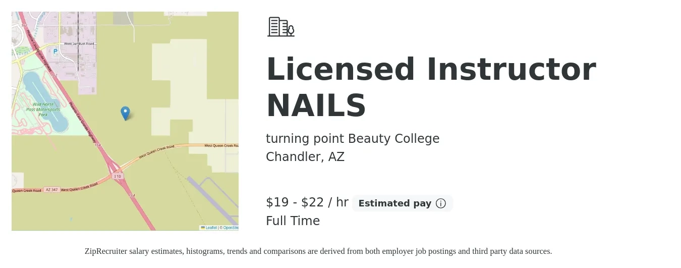 turning point Beauty College job posting for a Licensed Instructor NAILS in Chandler, AZ with a salary of $20 to $23 Hourly with a map of Chandler location.