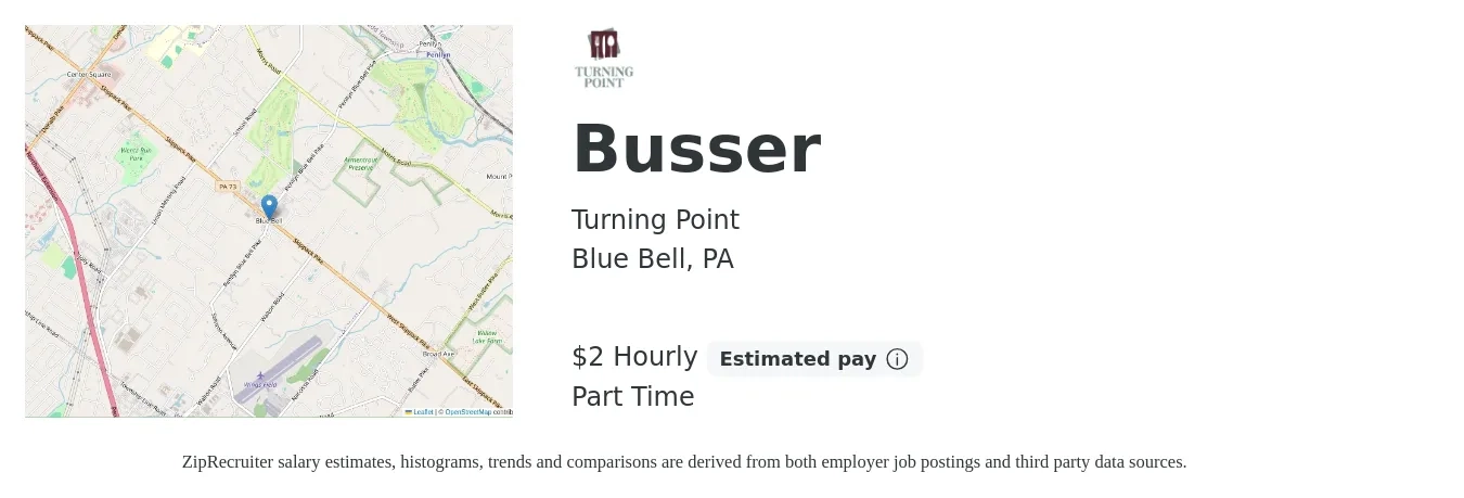 Turning Point job posting for a Busser in Blue Bell, PA with a salary of $3 Hourly with a map of Blue Bell location.