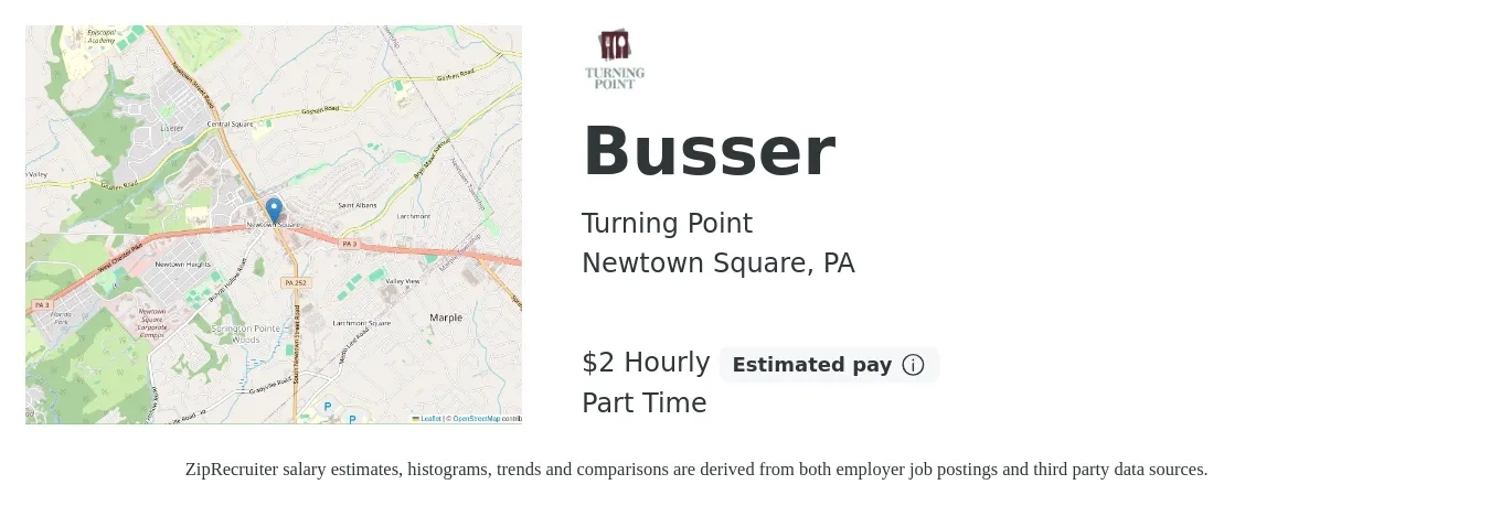 Turning Point job posting for a Busser in Newtown Square, PA with a salary of $3 Hourly with a map of Newtown Square location.